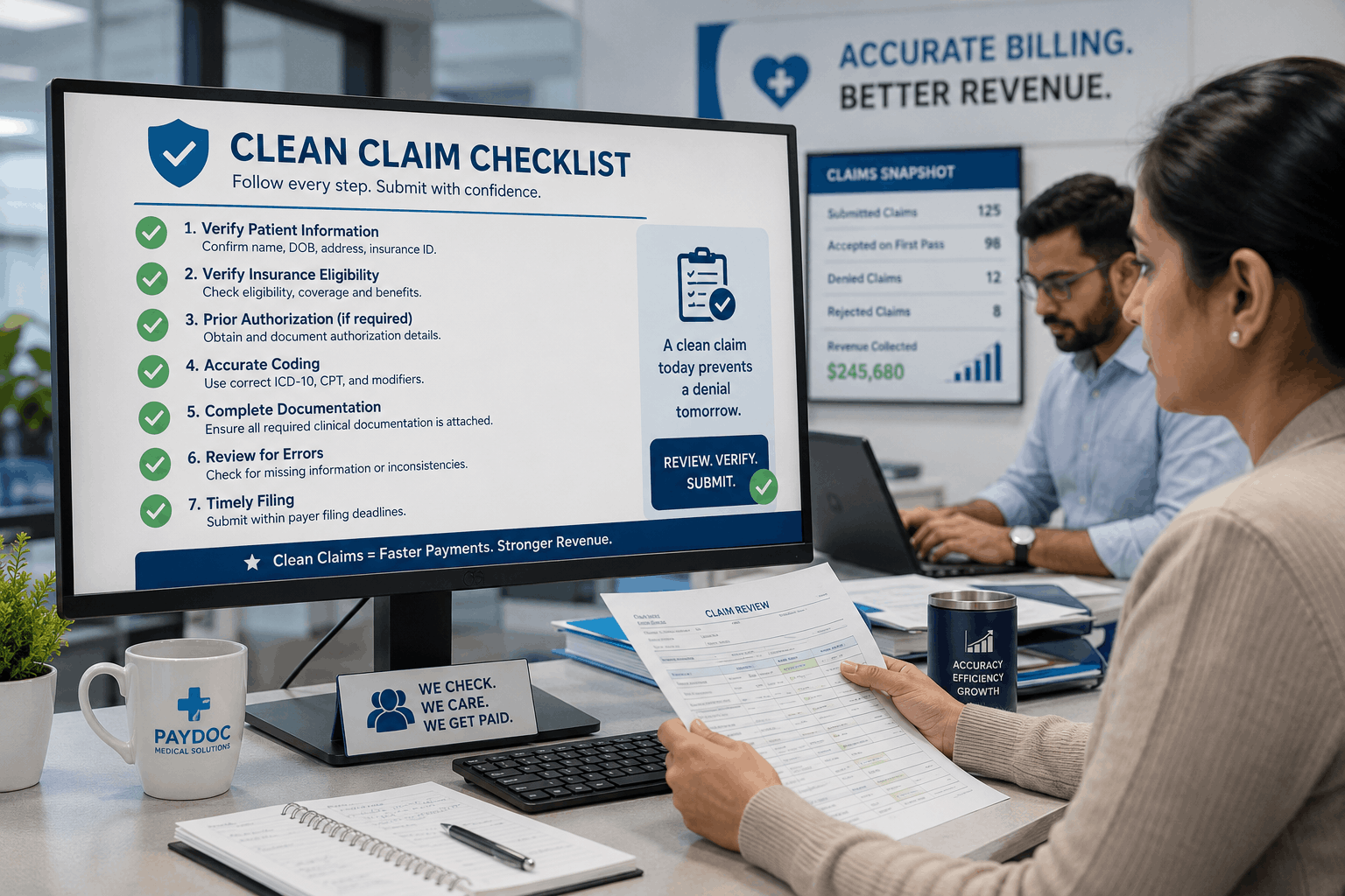 Medical billing specialist reviewing a Clean Claim Checklist before submitting insurance claims for faster reimbursement.